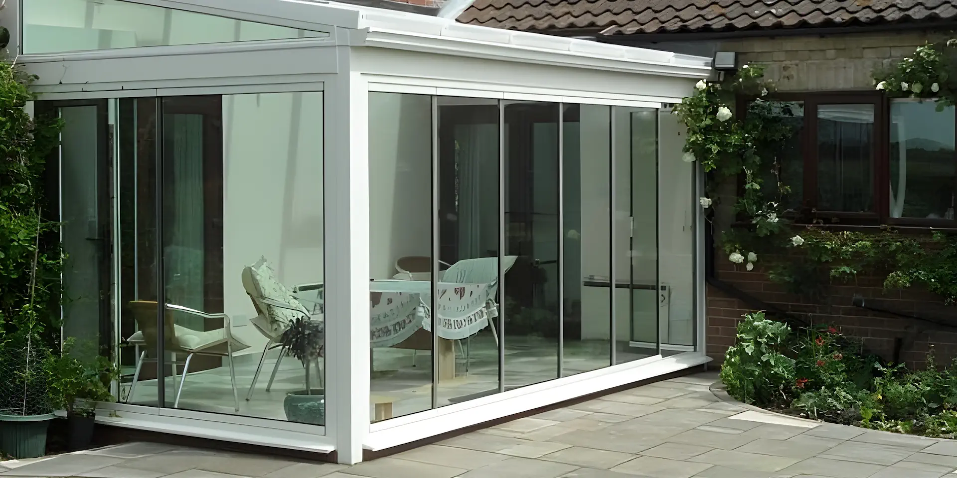 Conservatory with bifold frameless patio doors