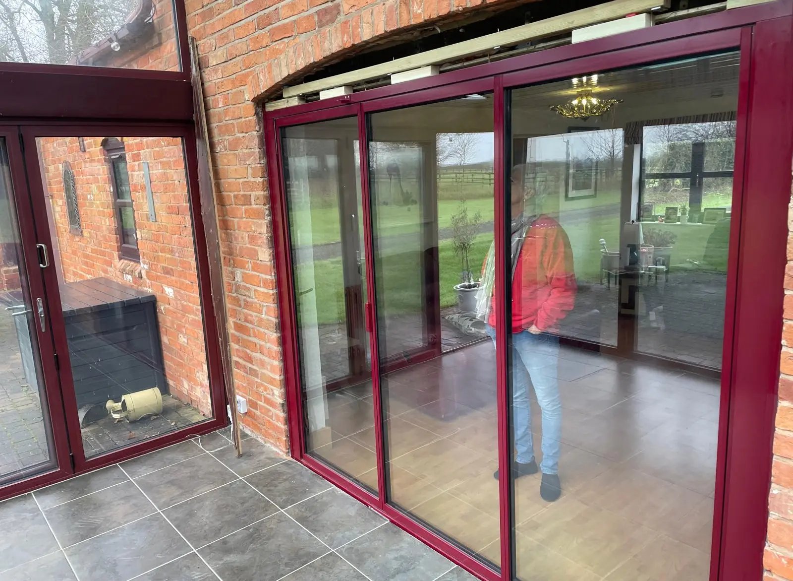 red powder coated aluminium doors