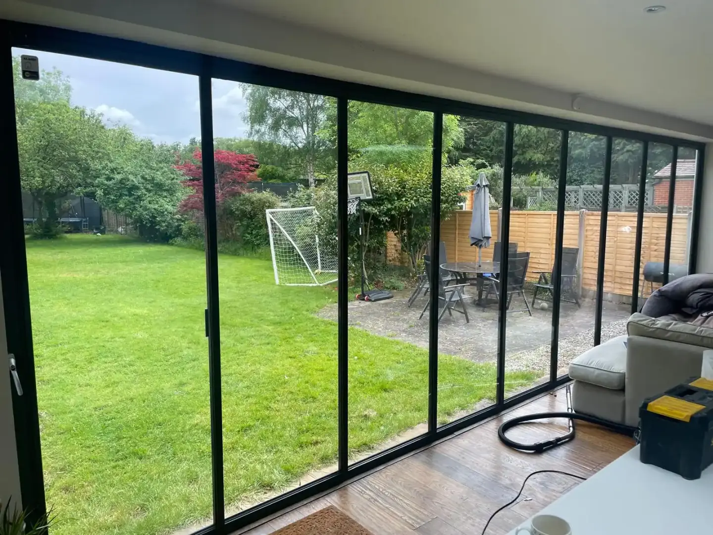 black framed glass doors